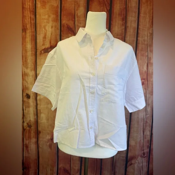 NWT Madewell Cropped Utility Button-Up Shirt, White, Oversized Small - Picture 7 of 9